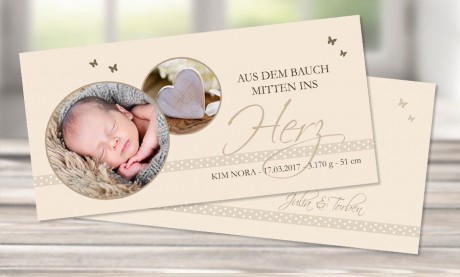 Dankkarten Geburt "Mitten ins Herz"