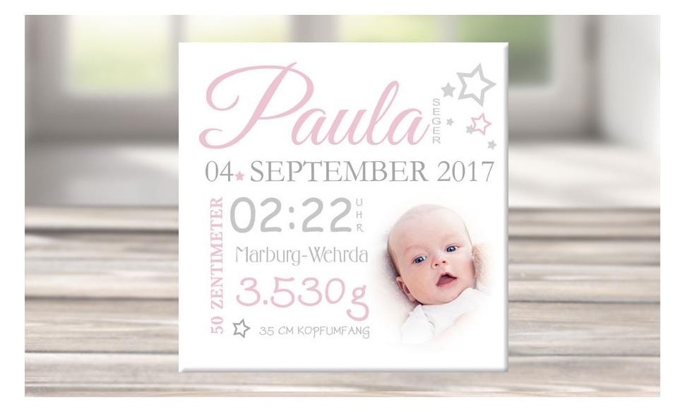 Wandbild mit Geburtsdaten und Foto "Paula"