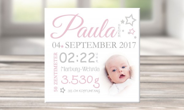 Wandbild mit Geburtsdaten und Foto "Paula"