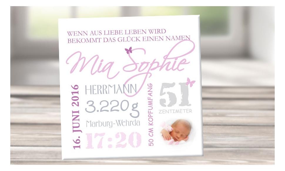 Wandbild mit Geburtsdaten und Foto "Mia Sophie"