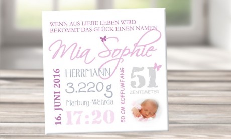 Wandbild mit Geburtsdaten und Foto "Mia Sophie"