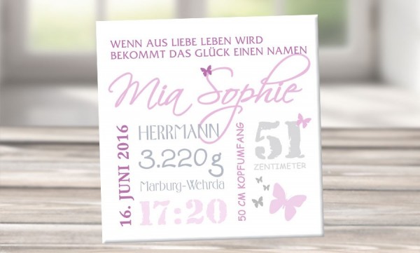 Wandbild mit Geburtsdaten und Foto "Mia Sophie"