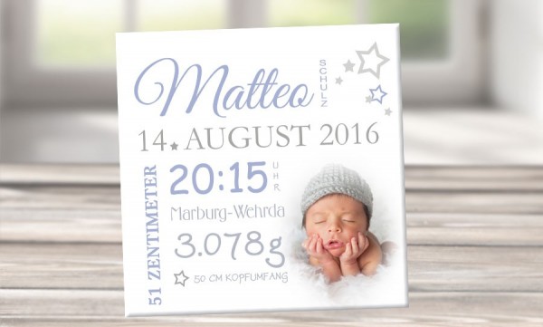 Wandbild mit Geburtsdaten und Foto "Mattheo"