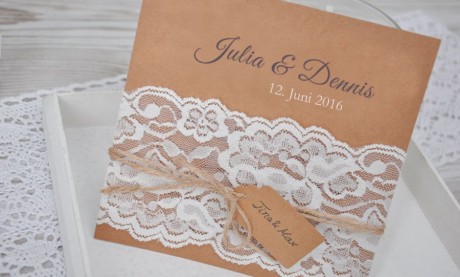 Einladungskarten Hochzeit Vintage "Kraftpapier küsst Spitze"