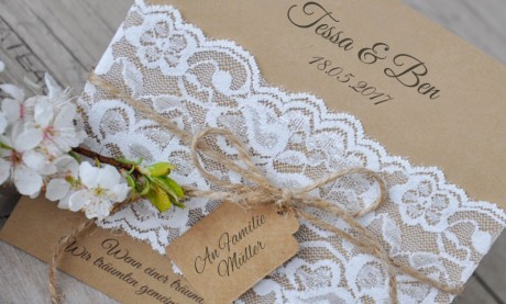 Einladungskarten Hochzeit Vintage "Kraftpapier küsst Spitze"