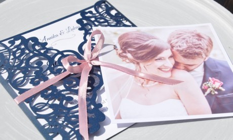 Danksagungskarte Hochzeit Vintage marineblau mit Lasercut Spitze