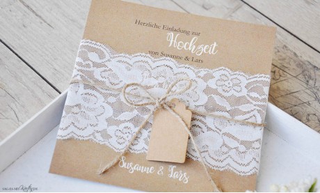 Einladungskarten Hochzeit Vintage "Kraftpapier küsst Spitze"