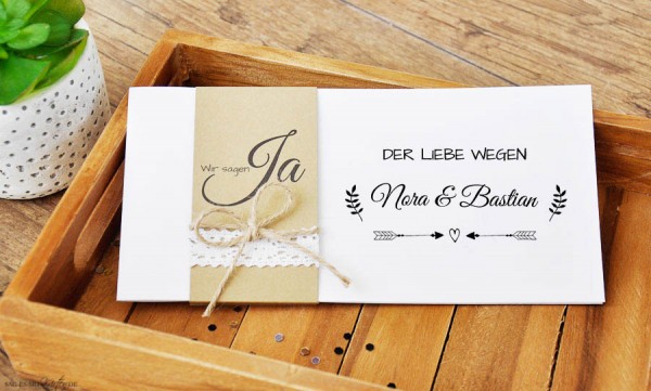 Einladungskarte Hochzeit Kraftpapier & Spitze Vintage Boho