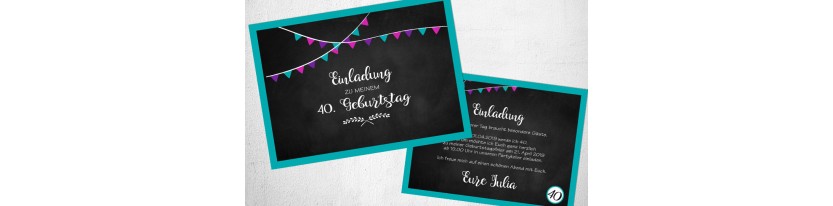 Einladungskarten 40. Geburtstag Postkarte Tafel Look Wimpel